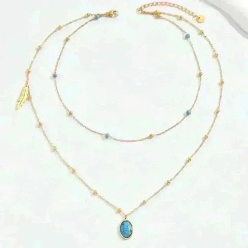 Faux Larimar stone Pendant & feather charm in a Layered 18k Gold Filled …